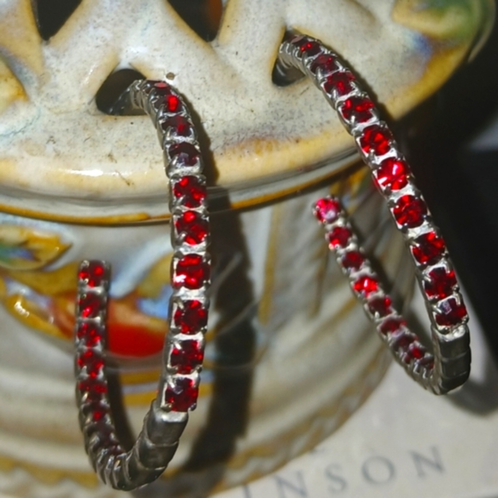 Sterling And? Ruby Or Garnet Sparkly Inside Outside Hoops Vintage
